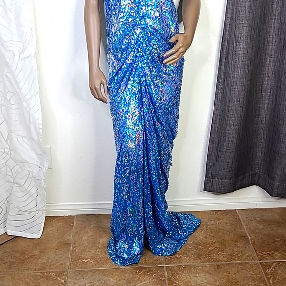 Formal Dress Size Large Turquoise Blue Sequined Mermaid Halter Top Fishtail EUC - Picture 3 of 6